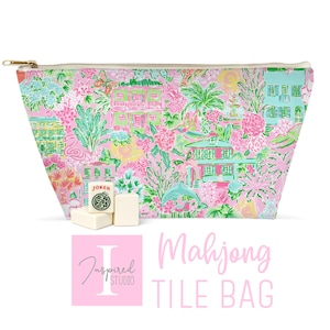 Mahjong Tile Bag, Pink Green Charleston Pouch | Double-Sided Print | Large T-Bottom 12.5 X 7