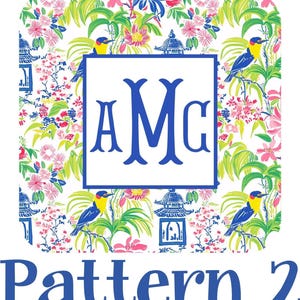 The image is a collage featuring a tropical floral pattern with birds and a pagoda. The pattern is divided into two sections, with the upper section having a larger floral motif and the lower section featuring a pagoda. The text "AMC Pattern 2" is displayed in the lower section, indicating the pattern number.