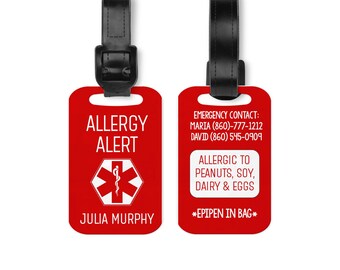 Customizable Aluminum Allergy Alert Tag, Red or White, Black Leather Strap
