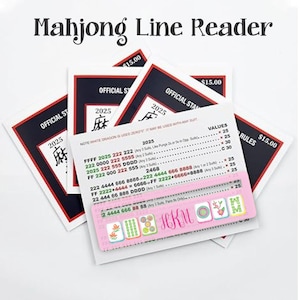 May include: A stack of Mahjong Line Reader cards with the text "Mahjong Line Reader" at the top. The cards are white with black and red accents. A pink card displays Mahjong tile combinations.