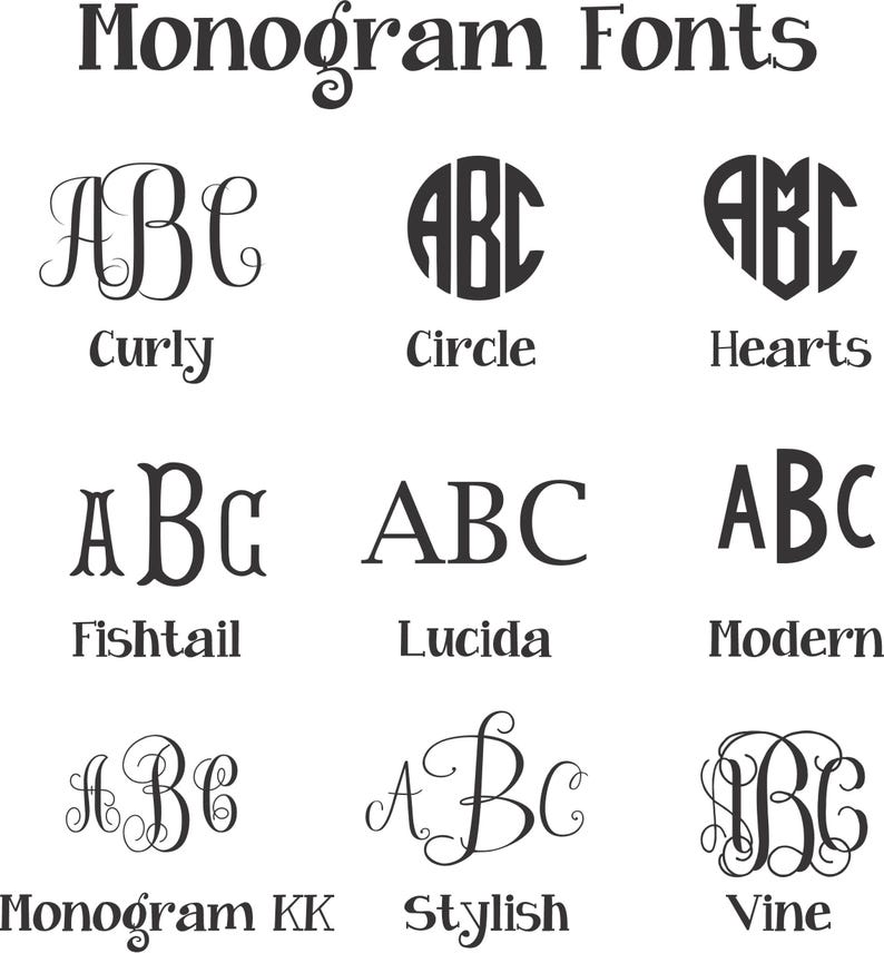 Puede incluir: Una colecci&oacute;n de estilos de fuentes de monogramas en negro, incluyendo Curly, Circle, Hearts, Fishtail, Lucida, Modern, Monogram KK, Stylish y Vine. Las fuentes muestran las letras ABC.