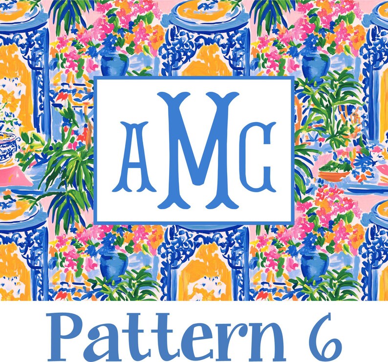 Puede incluir: Un patr&oacute;n vibrante y colorido con un dise&ntilde;o floral y arquitect&oacute;nico en tonos azules, amarillos, rosas y verdes. Incluye un rect&aacute;ngulo blanco con las letras azules "AMC" y el texto "Pattern 6" en azul.