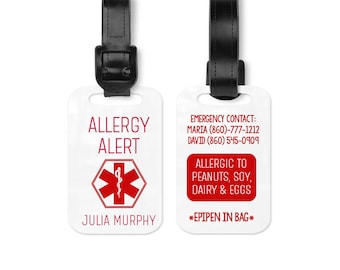 Customizable Aluminum Allergy Alert Tag, Red or White, Black Leather Strap