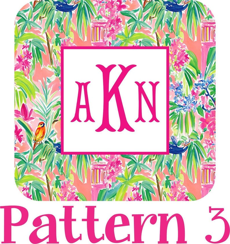 The image is a collage of various tropical floral patterns, including palm leaves, flowers, and birds, with a pink monogrammed logo in the center.