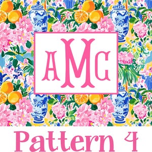 Puede incluir: Un vibrante estampado floral con hortensias rosas, naranjas y tarros de jengibre azules y blancos. Un rect&aacute;ngulo blanco con las letras rosas "AMC" est&aacute; centrado. El texto "Pattern 4" est&aacute; en la parte inferior en rosa.
