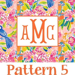 Puede incluir: Un vibrante estampado floral con un rect&aacute;ngulo blanco que contiene las letras naranjas "AMC". El fondo es una mezcla de rosa, azul, amarillo y verde, con un p&aacute;jaro en una rama. El texto "Pattern 5" est&aacute; en la parte inferior.