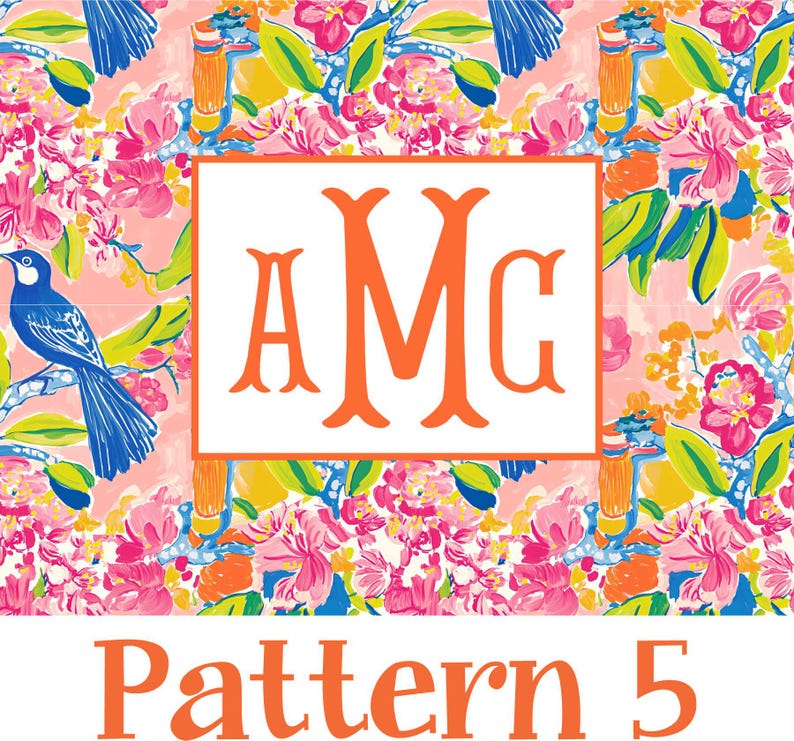 Puede incluir: Un vibrante estampado floral con un rect&aacute;ngulo blanco que contiene las letras naranjas "AMC". El fondo es una mezcla de rosa, azul, amarillo y verde, con un p&aacute;jaro en una rama. El texto "Pattern 5" est&aacute; en la parte inferior.