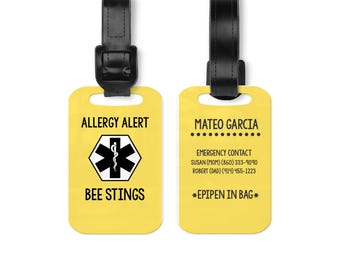 Bee Allergy Alert Tag, Aluminum, Two Sizes, Black Leather Strap, Custom Emergency Contact Info