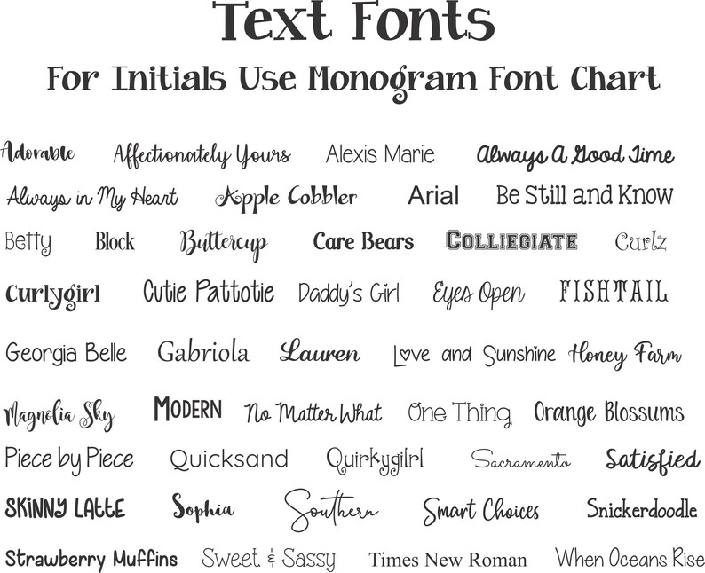 a collection of text fonts, each with a unique name and style, which can be used as initial fonts for writing.