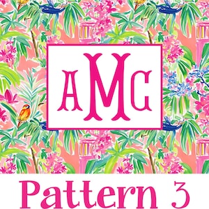 Puede incluir: Un vibrante patr&oacute;n floral tropical con elementos rosas, verdes y azules. Un rect&aacute;ngulo blanco con las letras "AMC" en rosa brillante est&aacute; centrado. El texto "Pattern 3" est&aacute; en la parte inferior.