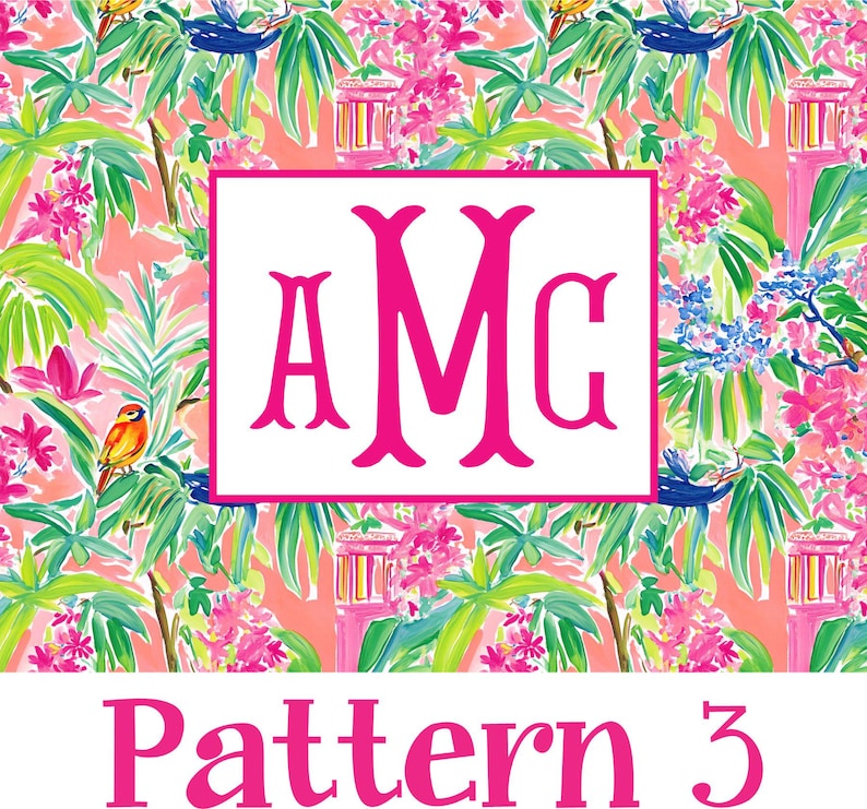 Puede incluir: Un vibrante patr&oacute;n floral tropical con elementos rosas, verdes y azules. Un rect&aacute;ngulo blanco con las letras "AMC" en rosa brillante est&aacute; centrado. El texto "Pattern 3" est&aacute; en la parte inferior.