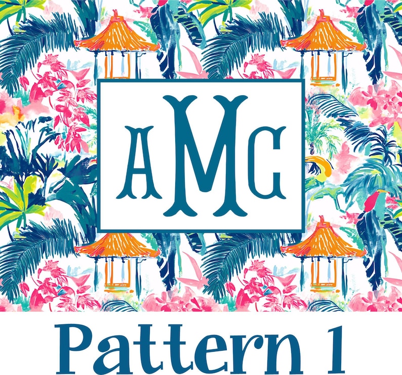 Puede incluir: Un patr&oacute;n vibrante con un dise&ntilde;o tropical con flores rosas, hojas verdes y pagodas naranjas sobre un fondo blanco. El patr&oacute;n incluye las letras "AMC" en verde azulado dentro de un rect&aacute;ngulo blanco, con el texto "Pattern 1" debajo.