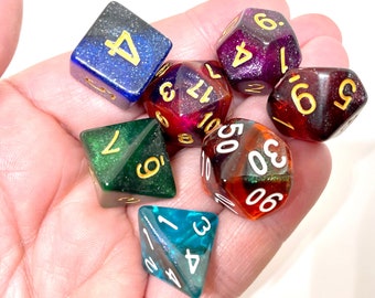 Juego de dados poliédricos acrílicos Galaxy Glitter Mix, DND Dice TTRPG Dungeons & Dragons. 7 dados diferentes en cada juego.