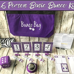 May include: A purple Bunco bag with a white embroidered logo that says "Bunco Bag" and two dice. The bag is surrounded by a variety of Bunco game supplies, including score sheets, dice, pens, and a bell. The background is a wooden surface.
