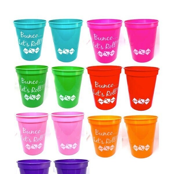 16oz Basic Bunco Stadium Cups: 16 colors to choose from! Bunco..Let's Roll! Mix & Match or Choose 1 Color Bunco Party Cups