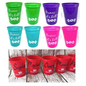 NAMES Added on Back...16oz Basic Bunco Stadium Cups: Mix & Match or Choose 1 Color.  Personalized Bunco Party Cups. 22 colors.