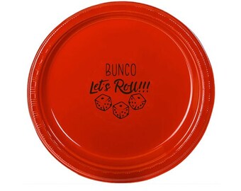 Smaller 7" Luncheon- Dessert Size Plastic Plates. Great Quality! Red Plates. Bunco....Let's Roll!  Bunco Plates. Check out Matching Napkins