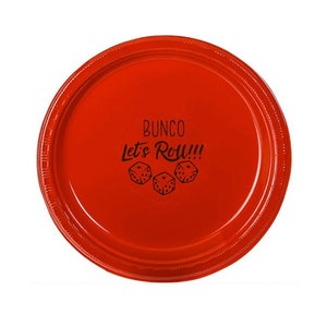 Mniejsze 7-calowe plastikowe talerze Luncheon-Dessert Size. Świetna jakość! Czerwone talerze. Bunco....Let's Roll! Talerze Bunco. Sprawdź pasujące serwetki