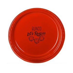 Smaller 7" Luncheon- Dessert Size Plastic Plates. Great Quality! Red Plates. Bunco....Let's Roll!  Bunco Plates. Check out Matching Napkins