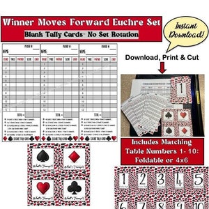 Winnaar gaat naar voren Euchre-rotatieset. Blanco Euchre-vellen met tabelnummers en printables van What's Trump. Gratis maatwerk.