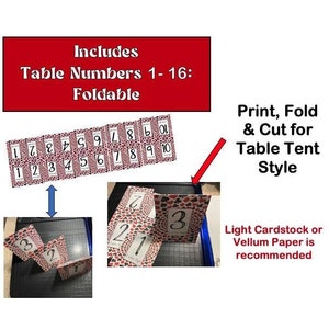 May include: A set of 16 printable table numbers for a Bunco or Euchre game. The numbers are printed on a red and black card pattern and are foldable to create table tents. The text "Includes Table Numbers 1-16: Foldable" is printed in a red box at the top of the image. The text "Print, Fold & Cut for Table Tent Style" is printed in black text on a white background. The text "Light Cardstock or Vellum Paper is recommended" is printed in black text on a white background. The text "The Bunco Queen Euchre Collection" is printed in black text on a white background with a crown graphic above the text.
