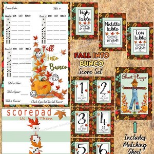 Puede incluir: Un juego de puntuaci&oacute;n de Bunco con tem&aacute;tica oto&ntilde;al, con tarjetas de puntuaci&oacute;n, letreros de mesa y tarjetas num&eacute;ricas. El dise&ntilde;o presenta hojas de oto&ntilde;o, calabazas y dados. El conjunto incluye un imprimible fantasma a juego. El texto en las tarjetas dice "Fall Into Bunco".