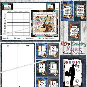 Personnalisation GRATUITE*** Lot de feuilles de partition Bunco de musique country des années 90 avec numéros de table assortis, feuilles de pointage et fantôme ! TÉLÉCHARGEMENT numérique