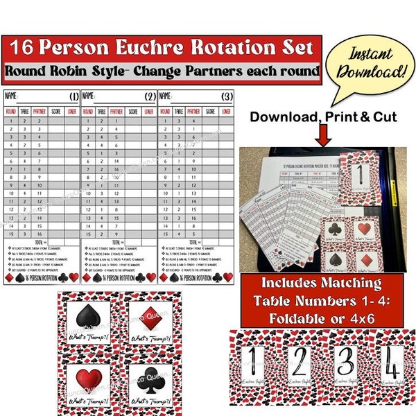 16 Person Euchre Rotation Score Sheet/Euchre Tally w Table Numbers & What's Trump Printable (Instant Download!) Round Robin Tournament Style