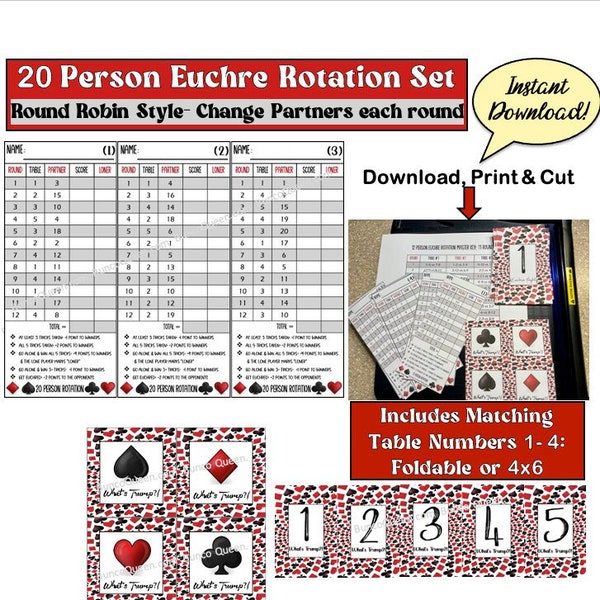 20 Person Euchre Rotation Score Sheet/Euchre Tally w Table Numbers & What's Trump Printable (Instant Download!) Round Robin Tournament Style