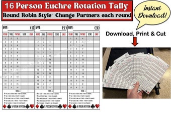 16 person Euchre Tally Cards (Round Robin- Progressive Tournament) Euchre Score Sheets (CARDS ONLY) Instant Download. Free Customization