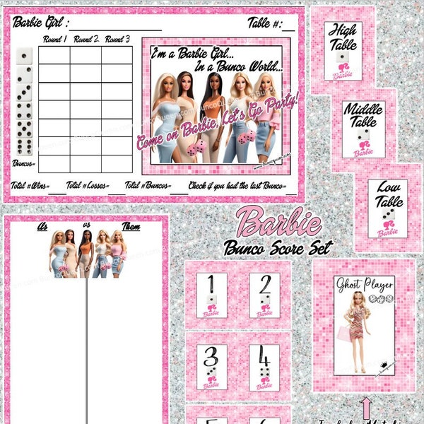 FREE Customization** Barbie Bunco Diva Score Sheet Set w/ Matching Table Numbers, Tally Sheets and Ghost! Digital DOWNLOAD