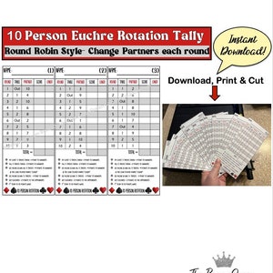 Peut inclure: Fiche de score imprimable pour un jeu de euchre à 10 personnes. La fiche de score est divisée en trois sections, chacune avec 10 tours. Chaque tour a un numéro de table, un numéro de partenaire, un score et un liner. La fiche de score comprend également des instructions de notation et un diagramme de rotation à 10 personnes.