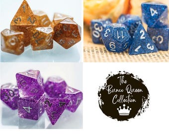 Glitter Resin Polyhedral DND Dice Collection- Blue, Purple or Gold. Dungeons and Dragons. Table Top Role Play Games TTRPG D&D Dice