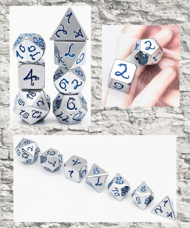 Chromium Silver Metal DND Dice Set. Unique Dragon Font. D&D Etsy