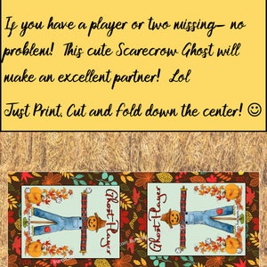 Puede incluir: Un juego imprimible "Fall Into Bunco" con un dise&ntilde;o de fantasma de espantap&aacute;jaros. La imagen incluye el texto "Si te falta uno o dos jugadores, &iexcl;no hay problema!" y "&iexcl;Simplemente imprime, corta y dobla por el centro!"