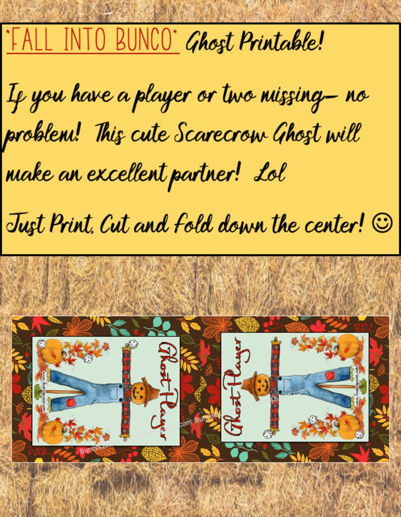 Puede incluir: Un juego imprimible "Fall Into Bunco" con un dise&ntilde;o de fantasma de espantap&aacute;jaros. La imagen incluye el texto "Si te falta uno o dos jugadores, &iexcl;no hay problema!" y "&iexcl;Simplemente imprime, corta y dobla por el centro!"