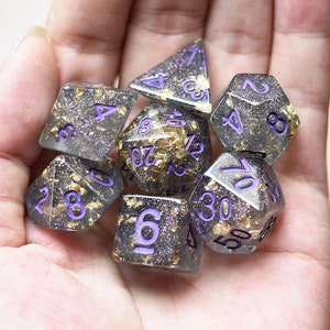 Gray Shimmer Gold Foil Resin Polyhedral DND Dice Set TTRPG Dungeons & Dragons