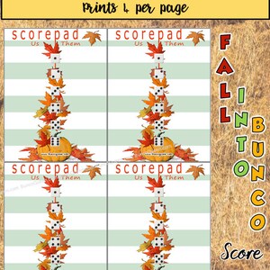 Puede incluir: Una hoja de puntuaci&oacute;n de Bunco imprimible con tem&aacute;tica oto&ntilde;al. El dise&ntilde;o presenta dados, calabazas y hojas de oto&ntilde;o. El texto incluye "scorepad", "Us", "Them" y "Fall Bunco Score Set". La hoja est&aacute; dise&ntilde;ada para imprimir cuatro por p&aacute;gina.