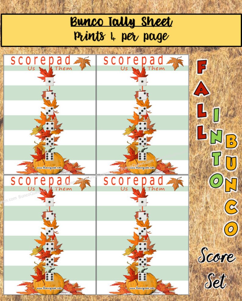 Puede incluir: Una hoja de puntuaci&oacute;n de Bunco imprimible con tem&aacute;tica oto&ntilde;al. El dise&ntilde;o presenta dados, calabazas y hojas de oto&ntilde;o. El texto incluye "scorepad", "Us", "Them" y "Fall Bunco Score Set". La hoja est&aacute; dise&ntilde;ada para imprimir cuatro por p&aacute;gina.
