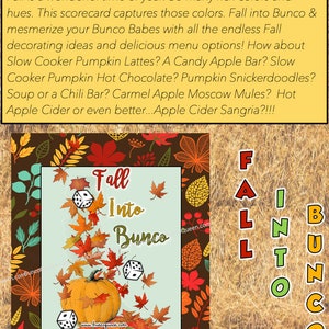 Puede incluir: Un juego de puntuaci&oacute;n Fall Into Bunco con un dise&ntilde;o de calabaza y hojas cayendo. La imagen presenta dados, las palabras "Fall Into Bunco" y el texto "Score Set Theme". El fondo es una mezcla de colores oto&ntilde;ales.