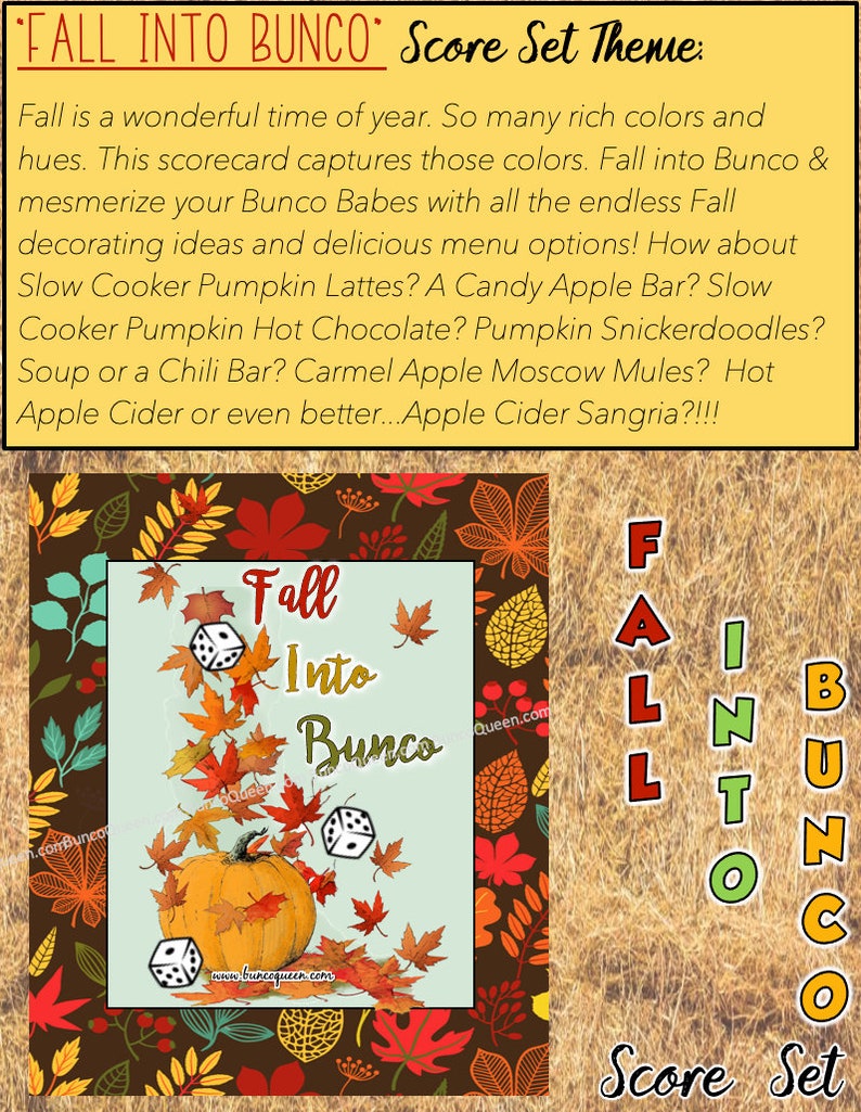 Puede incluir: Un juego de puntuaci&oacute;n Fall Into Bunco con un dise&ntilde;o de calabaza y hojas cayendo. La imagen presenta dados, las palabras "Fall Into Bunco" y el texto "Score Set Theme". El fondo es una mezcla de colores oto&ntilde;ales.
