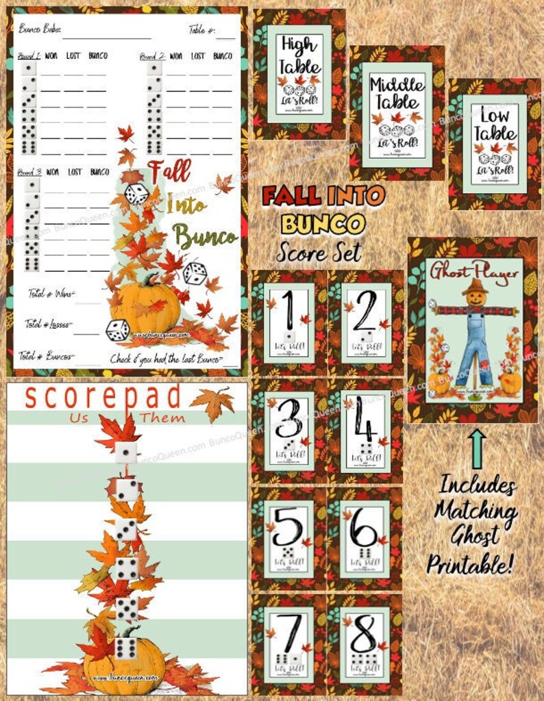 Puede incluir: Un juego de puntuaci&oacute;n de Bunco con tem&aacute;tica oto&ntilde;al, con tarjetas de puntuaci&oacute;n, letreros de mesa y tarjetas num&eacute;ricas. El dise&ntilde;o presenta hojas de oto&ntilde;o, calabazas y dados. El conjunto incluye un imprimible fantasma a juego. El texto en las tarjetas dice "Fall Into Bunco".