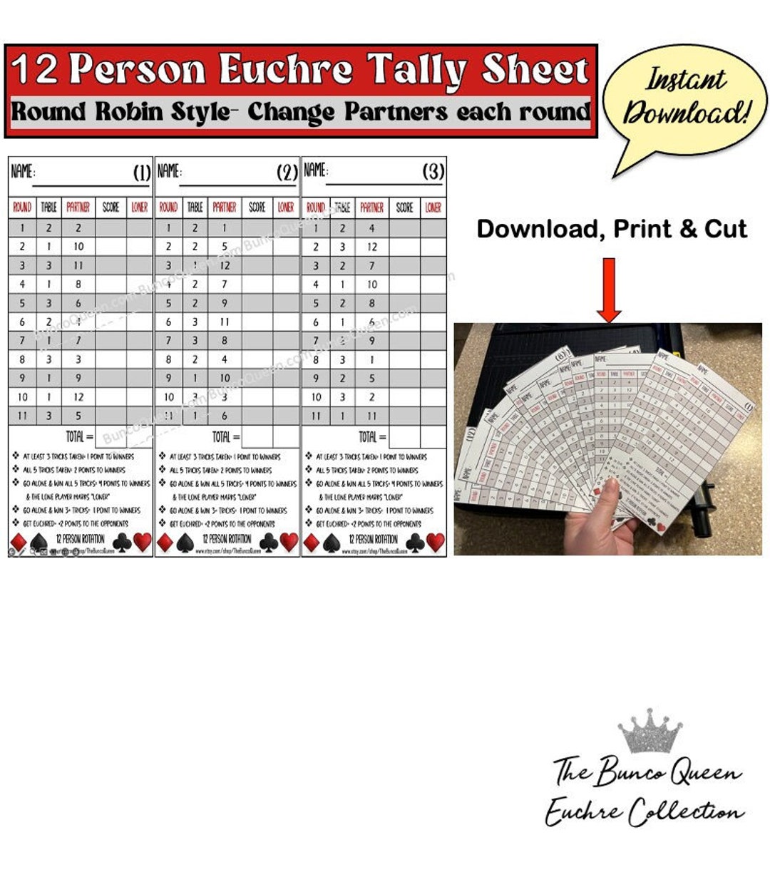 12 Person Euchre Rotation tally CARDS ONLY instant Download Round 12 Person Euchre Rotation tally CARDS ONLY instant Download Round