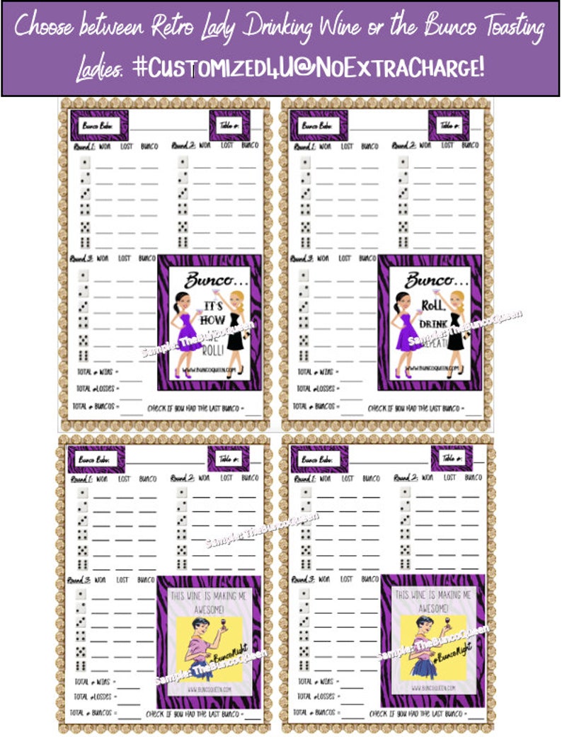 Purple Zebra Theme YOU PRINT @ Home. 16 Person BASIC Bunco Kit