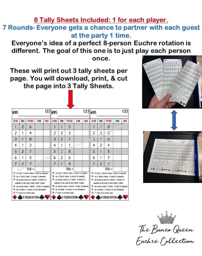 8 Person Euchre Tally Card SET (round Robin- Progressive Tournament ...