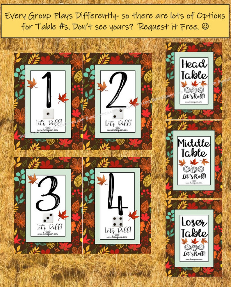 Puede incluir: Un conjunto de letreros con n&uacute;meros de mesa con tem&aacute;tica oto&ntilde;al. Cada letrero muestra un n&uacute;mero del 1 al 4, o nombres de mesa como "Head Table". Presentan un fondo blanco, un dado y el texto "Let's Roll!"