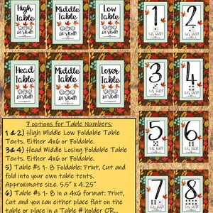 Puede incluir: Conjunto de tarjetas de mesa imprimibles con dise&ntilde;os oto&ntilde;ales. Las tarjetas presentan los n&uacute;meros del 1 al 8 y t&iacute;tulos de mesa como "High Table" y "Loser Table". Cada tarjeta mide aproximadamente 14 cm x 11 cm y tiene un gr&aacute;fico de dados.