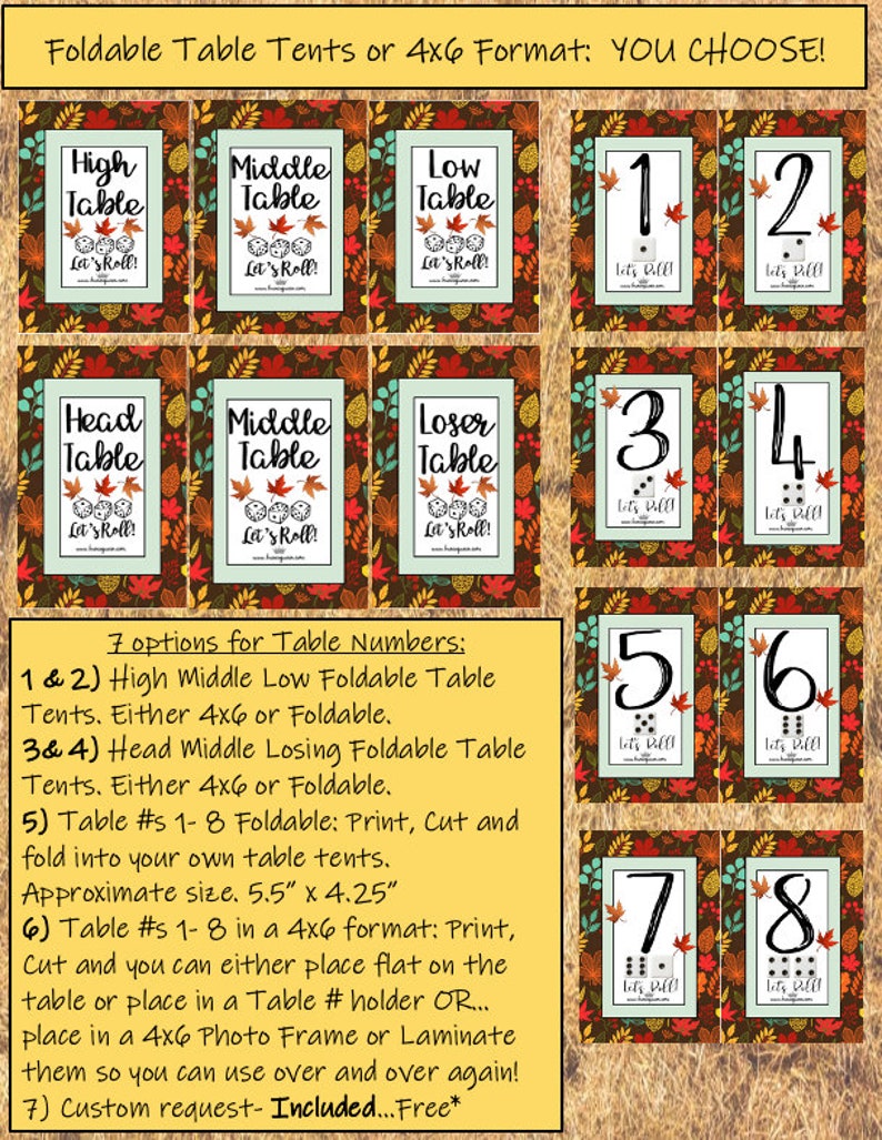 Puede incluir: Conjunto de tarjetas de mesa imprimibles con dise&ntilde;os oto&ntilde;ales. Las tarjetas presentan los n&uacute;meros del 1 al 8 y t&iacute;tulos de mesa como "High Table" y "Loser Table". Cada tarjeta mide aproximadamente 14 cm x 11 cm y tiene un gr&aacute;fico de dados.