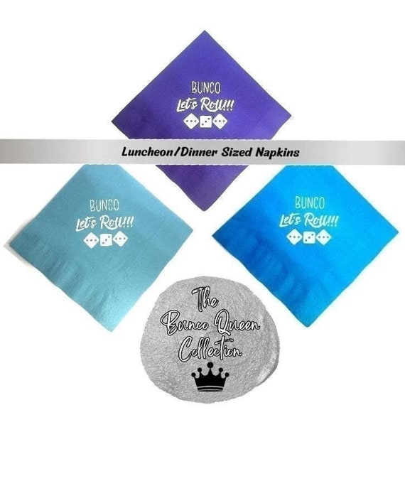 Bunco Party Luncheon Napkins with White Color Imprint.  3 colors will be mixed and matched. 2 ply Disposable Party Napkins.