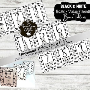 May include: Black and white printable Bunco table number cards with a dice pattern. The cards are numbered 1 through 9, with the number 1 card labeled "Head Table".